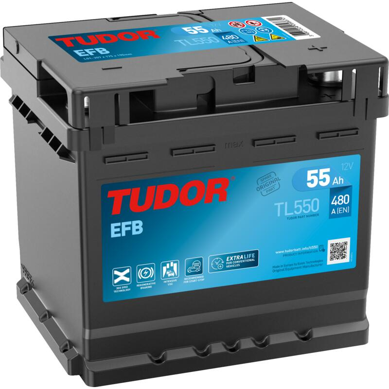 Tudor EFB TL550 12V 55Ah 540A, 207 × 175 × 190 mm, Borne positive à droite