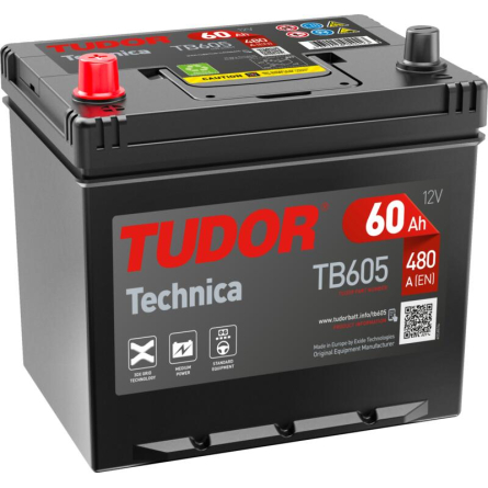 Tudor Technica TB605 12V 60Ah 480A, 230 × 173 × 222 mm, Borne positive à gauche