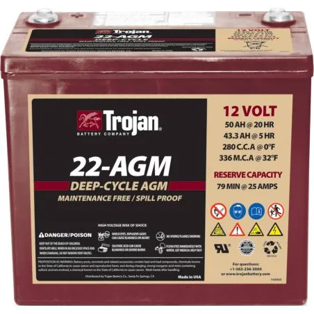 Batterie au Plomb-Acide AGM 12V 50Ah Trojan 22-AGM à Décharge Profonde