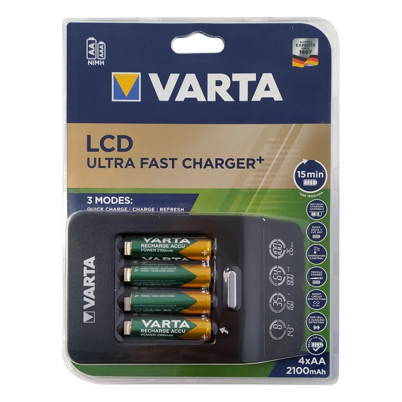 Chargeur ultra-rapide Varta LCD pour piles rechargeables AA, AAA Ni-Mh avec 4 piles AA 2100mah