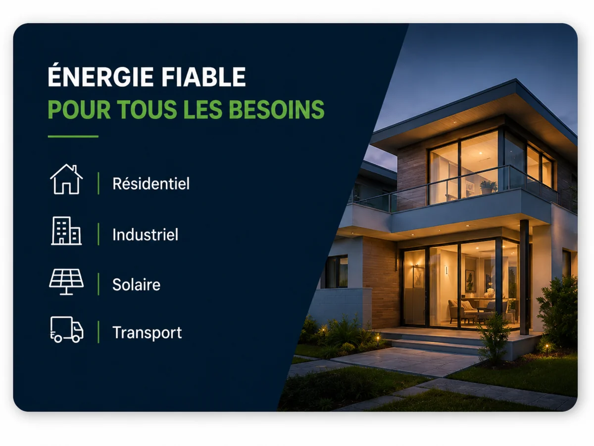 Solutions d’énergie fiables pour besoins résidentiels, industriels, solaires et transport